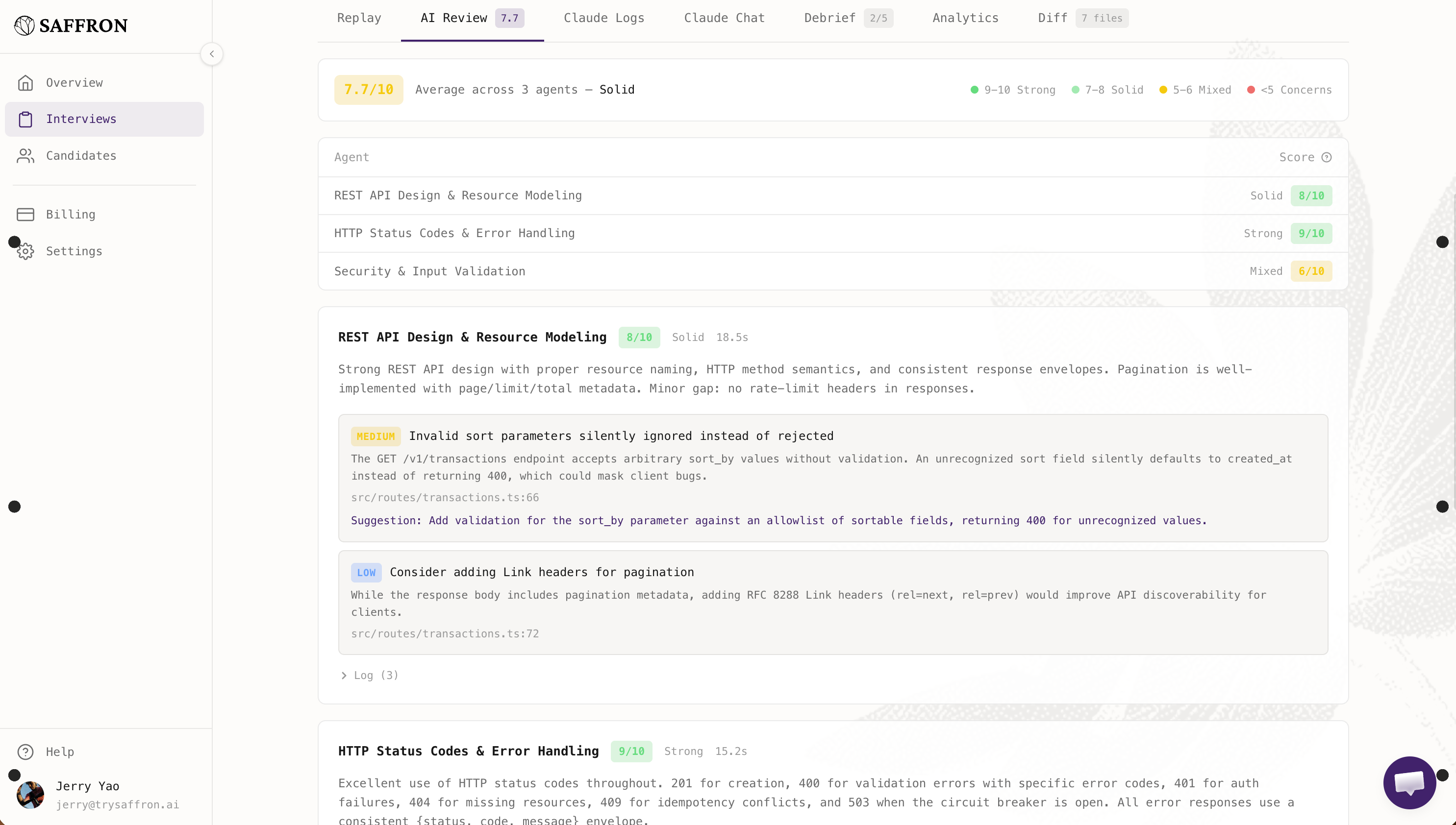 Saffron platform — candidate assessment review